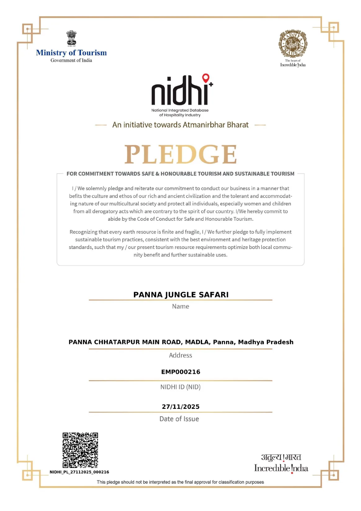 NIDHI Pledge certificate for Panna Jungle Safari